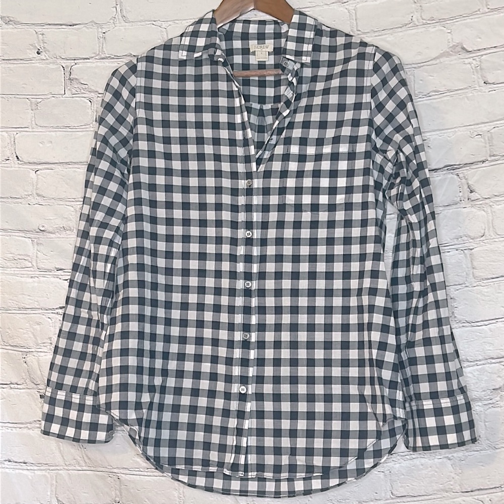 J. Crew Blue & White Checkered Button Down Blouse Size Small Excellent Condition